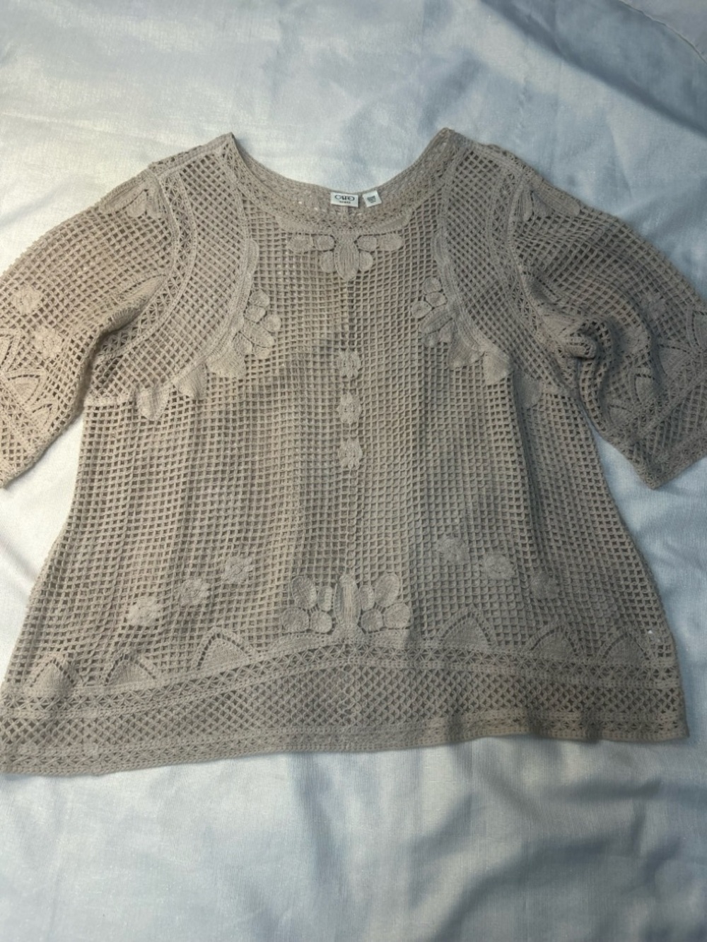 Cato Woman Crochet Floral Appliqué Knit Top - Taupe